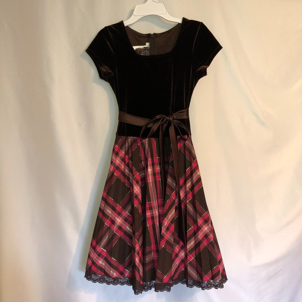 Brown & Pink Plaid Short Sleeve Dress Girls 8